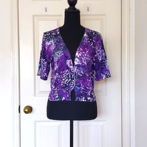 NWOT Express Cotton Multi Color Purple Floral Short Sleeve Cropped Knit Cardigan